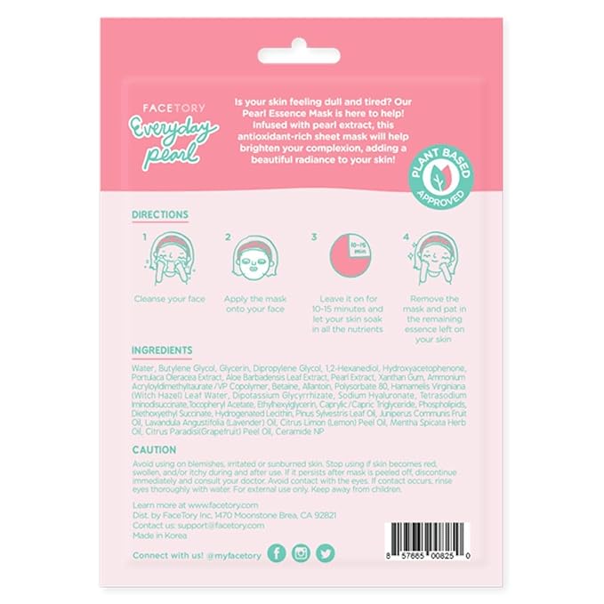FACETORY K Beauty Face Mask Skin Care - Everyday PEARL Brightening Sheet Mask | Plant-Based with Pearl Essence (5 Pack)