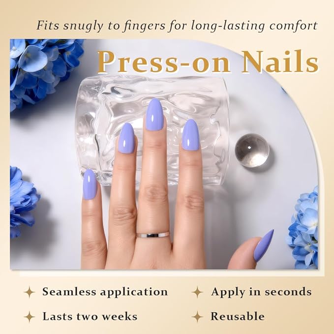 evpct Sea Blue Short Almond Glossy Press on Nails for Women Gift, Glossy Sea Blue Fake Nail with Nail Glue Manicure Kit, Soft Gel Full Cover Reusable Stick on Glue on Acrylic False Nails Perfectly Fit