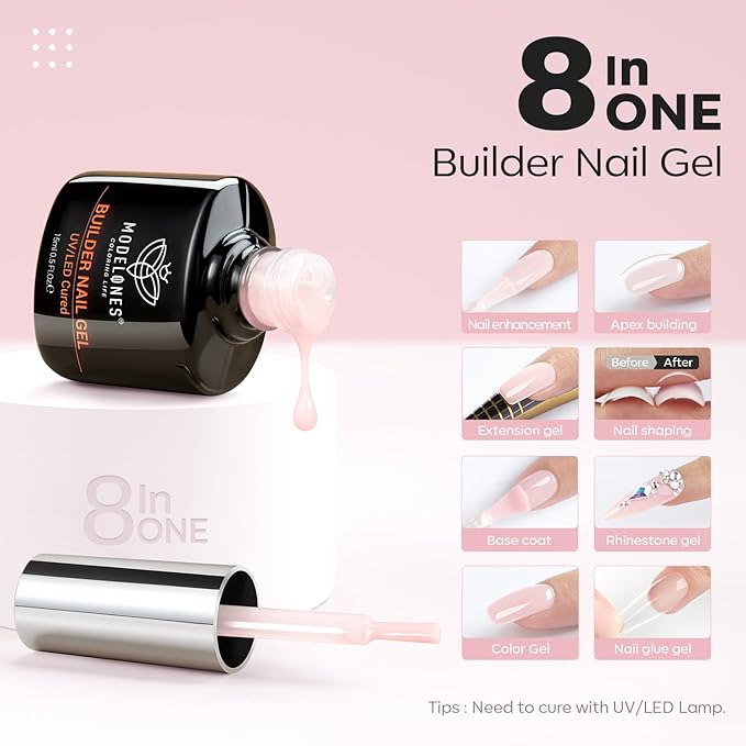 modelones Builder Nail Gel, 8-in-One Cover Nude Builder, LED Lamp Cured Thickening Apex Building Strengthener Extension Rubber Color Base Gel Polish Glue in a Bottle for Home DIY Salon Girls
