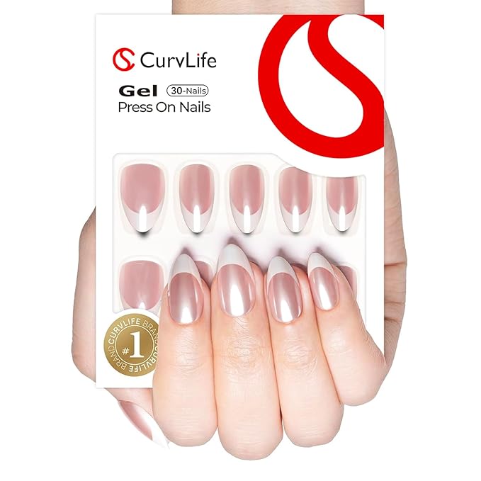 Curvlife Soft Gel Press on Nails, 30Pcs 15 Sizes Gel French Nail Tips, Full Cover Design Reusable Fake Nails Kit with Glue and Adhesive Tabs
