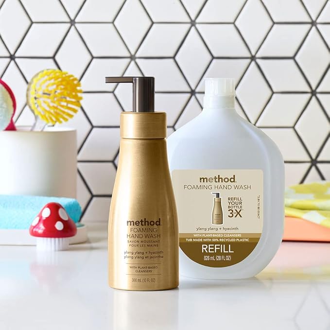 Method Premium Foaming Hand Wash, Ylang Ylang + Hyacinth, Reusable Gold Aluminum Bottle, Biodegradable Formula, 10 fl oz (Pack of 3)