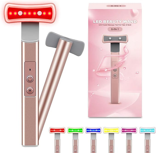 Red Light Therapy for Face, 6 in 1 LED Light Therapy Eye Equipment for Skin,Face Wand with Facial Massager, Skincare Facial Wand,Vibration, Thermal, Microcurrent，Portable Beauty Tools