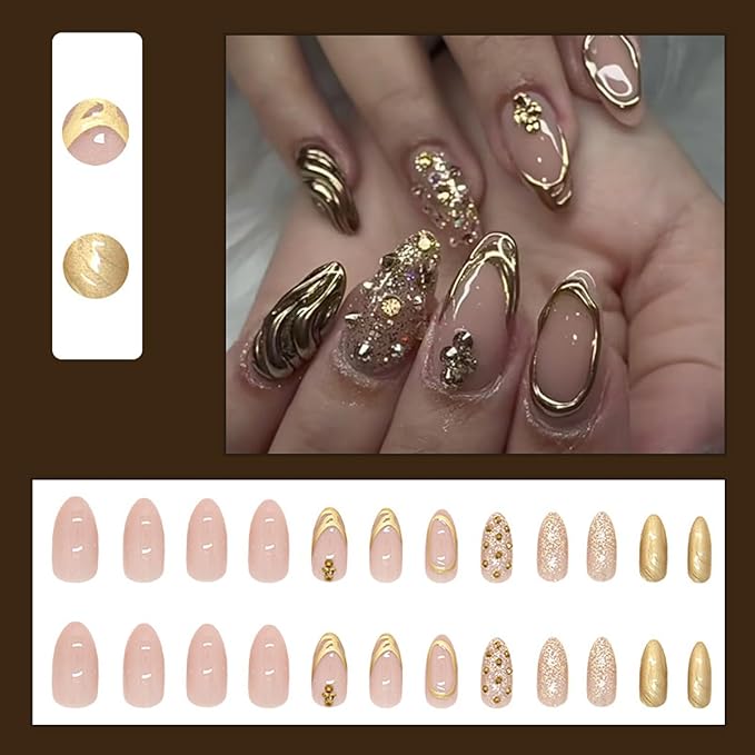 24Pcs Gold French Tip Press on Nails Medium Almond Fake Nails with Glitter Rhinestones Full Cover Acrylic Nails Gold Chrome Glue on Nails Almond Artificial False Nails French Stick on Nails for Women