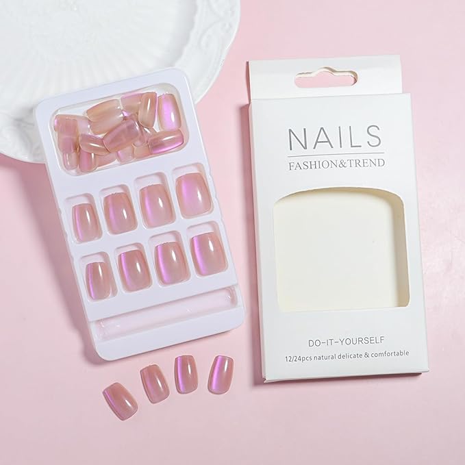 Square Press on Nails Short Pink Chrome Fake Nails Nude False Nails Press Ons Full Cover Glossy Acrylic Nails Ombre Glitter Shiny Artificial Nails for Women Girls Manicure 15 Size - 30 Pcs