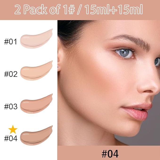 2 Pack Liquid Foundation Cream with Foundation Brush for Face Makeup,Durable Full Coverage Matte Concealer Make Up,Oil Control & Waterproof Base Primer -1 Fl.Oz (#04)