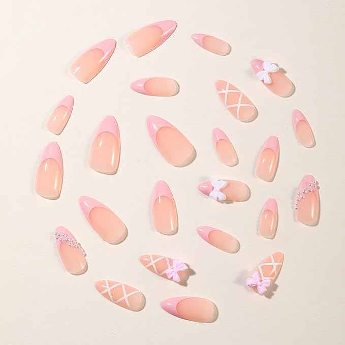 24pcs Press On Nails Medium Almond Pearl Bow Pink Press On Nails White Pearl Valentine French Tip Nails Cute Nails Fake Nail French Fingertips Almond Full Cover Cute Stick on Nail Accessories
