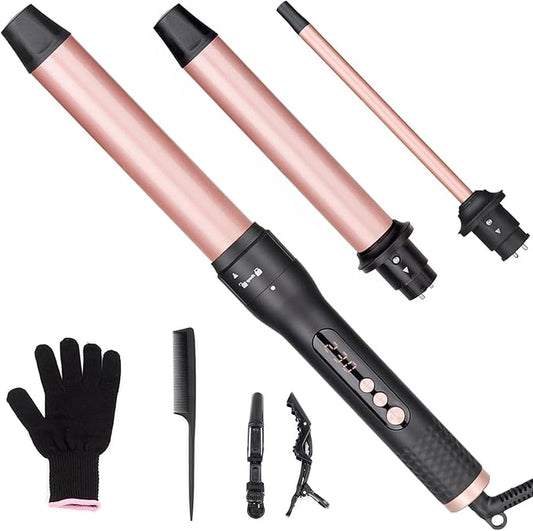 3 in 1 Curling Iron Set, Hair Curling Wand Set with 3 Interchangeable Ceramic Curling Barrel(0.35”-1.25”), Instant Heat Up, Dual Voltage Hair Curler Beach Waves, Include Glove