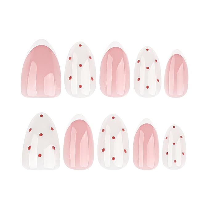 French Press On Nails Short Almond, Cute Nude Pink Fake Nails with White French Tip & Brown Dot Detail, Glossy Gel Finish Acrylic Nails, Reusable Glue On Nails Kit for Women, 24Pcs