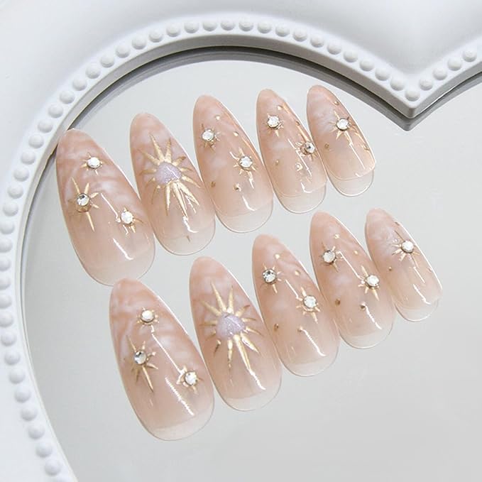 24Pcs Almond Press on Nails Medium Fake Nails with Star Heart Designs Sparkly 3D Rhinestones Nude Glue on Nails Press ons Elegant Acrylic False Nails for Women Manicure Tip Decoration