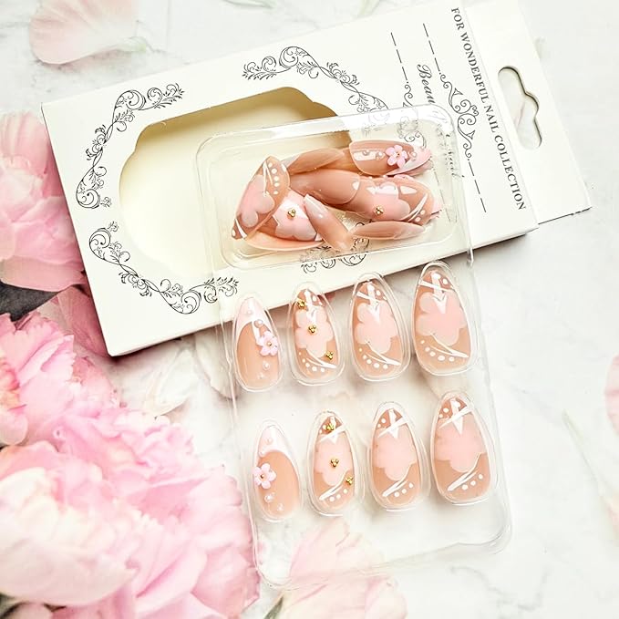 24Pcs 3D Flower Press on Nails Short Almond Fake Nails French Tip Glue on Nails with Gold Pearl Design Pink Artificial Nails Glossy Full Cover False Nails Cute Acrylic Stick on Nails for Women Girls