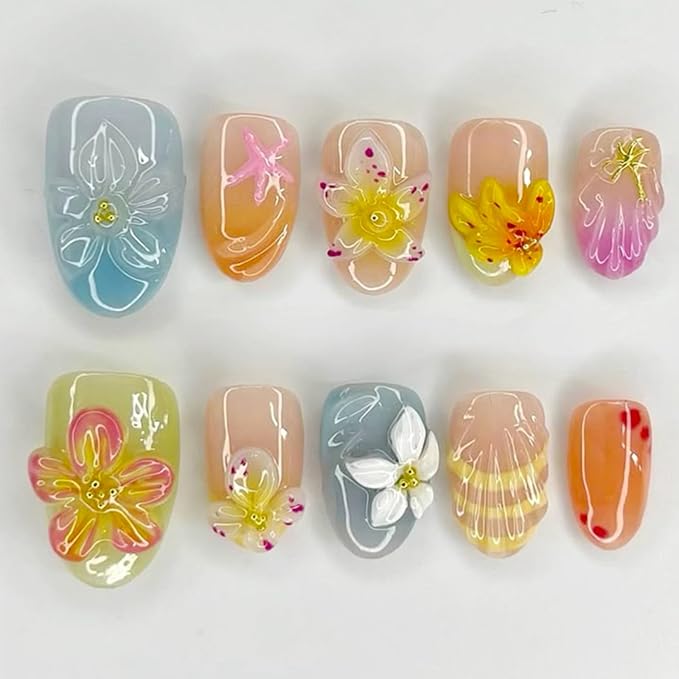 30 Pcs Handmade Press on Nails Short Almond French Tip Fake Nails with Pearl Design 3D Flower Stick on Nails Yellow Blue Glossy Oval Acrylic False Nails Full Cover Summer Glue on Nails for Women Girls