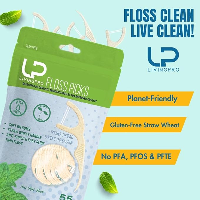 Twin Line Eco Floss Picks (220 Count) - Plant-Based Straw Wheat Floss Sticks with Travel Case | 2X More Effective Cleaning-Compostable Tooth Flossers, Thin & Shred Resistant Thread |