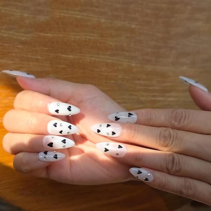 White Press On Nails Black Heart & Rhinestone Design- Handmade Medium Almond Gel Acrylic 10pcs Reusable (Night Sweetheart, Size S)
