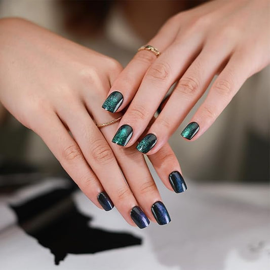 evpct Green Cat Eye Extra Short Press on Nails Square, Petite Short Square Glue on Nails for Women Gift, Emerald Green Metallic Glitter Glossy Reusable Gel Press on Acrylic Fake Nail with Designs