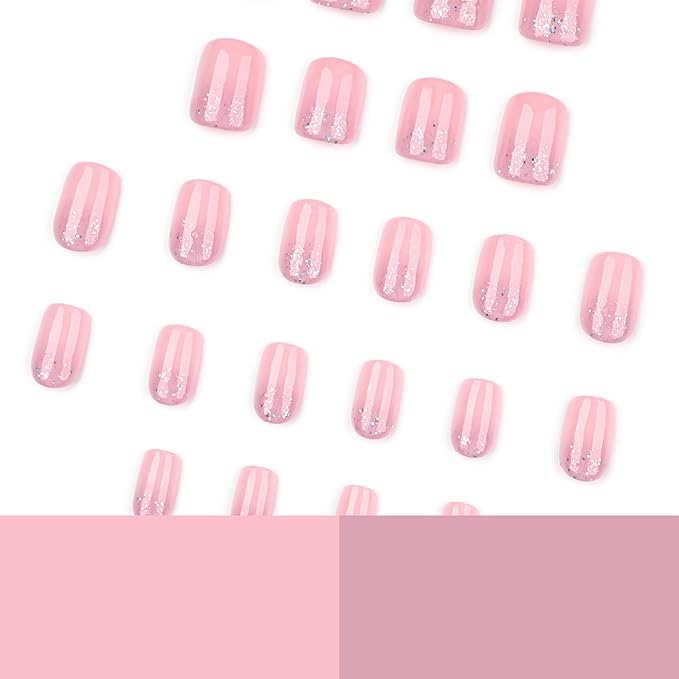 Square Press On Nails Short – Nude Pink Glitter Acrylic Fake Nails, 24PCS Glossy Thick False Nails Kit, Durable Reusable Stick On Nails with Glue & Tools for Women, DIY Salon Manicure