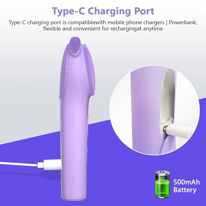 Silicone Face Scrubber, Waterproof Rechargeable Facial Cleansing Brush, 5 Cleansing Modes with Nose Brush for Women & Men Electric Face Wash Brush for Deep Cleaning Exfoliating, Massaging Purple