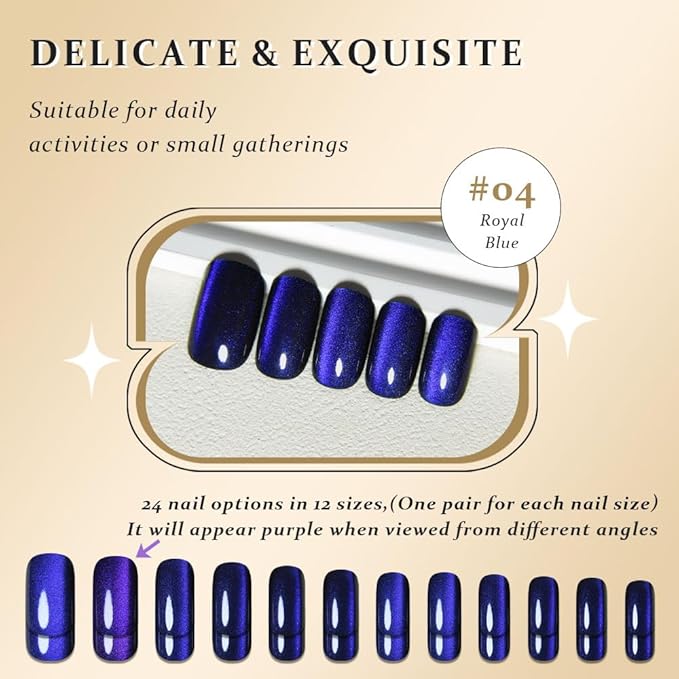 Royal Blue Cat Eye Press on Nails Medium Square, Medium Square Press Glue on Nails Chrome for Women Gift, Blue Holographic Glitter Glossy Reusable Soft Gel Acrylic Fake Nail with Designs Cateye Effect