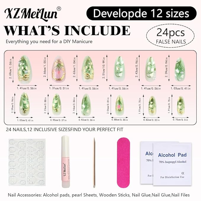 3D Pearl Gold Line Green Flower Acrylic Nails, Y2k Press On Nails Almond Medium, French Tip Floral Nails Designer Reusable Fake Nail with Glue On Nail, Sage Green Party Nail for Women