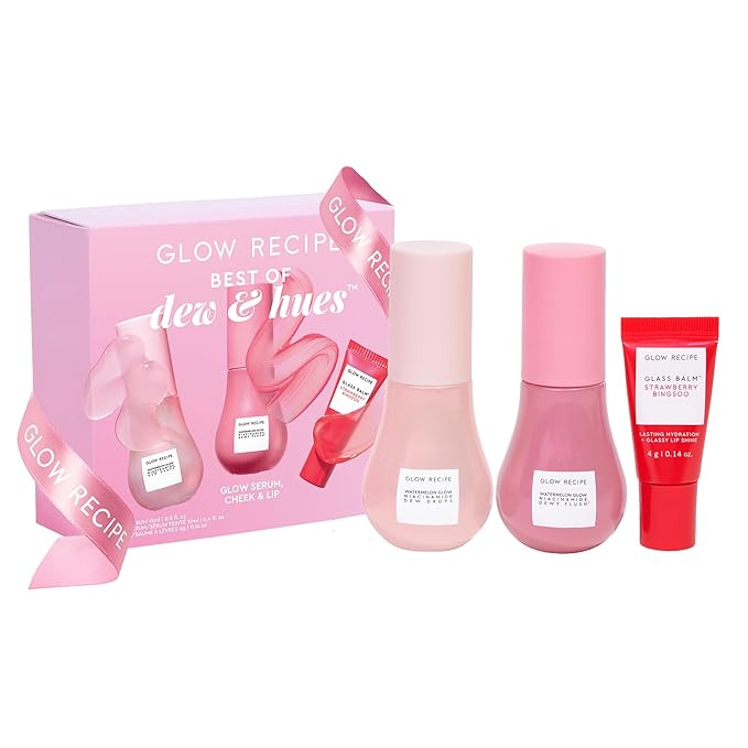 Glow Recipe Watermelon Glow Skin Care Set, Best of Dews & Hues - Full Size Niacinamide Dew Drops, Full Size Dewy Flush Watermelon Blush & Full Size Glass Balm Lip Treatment (3 Count)