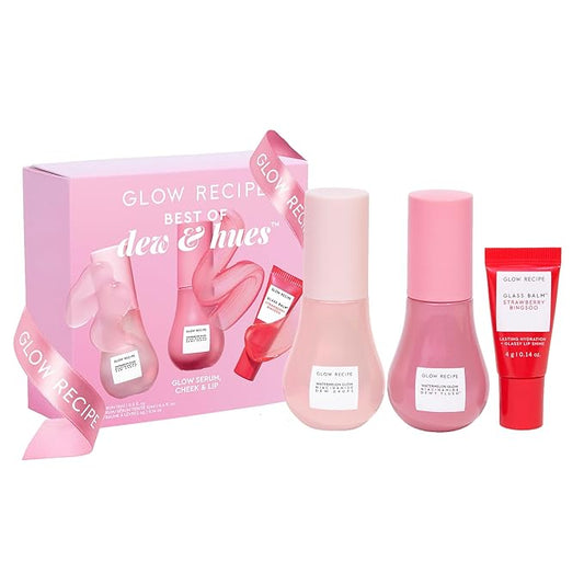 Glow Recipe Watermelon Glow Skin Care Set, Best of Dews & Hues - Full Size Niacinamide Dew Drops, Full Size Dewy Flush Watermelon Blush & Full Size Glass Balm Lip Treatment (3 Count)