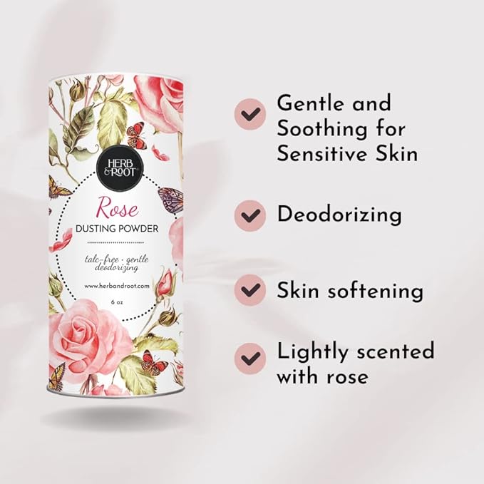 Herb & Root Rose Scented Talc-Free Dusting Powder for Women: Anti-Chafing Body Powder with Arrowroot and Oats, 6 oz