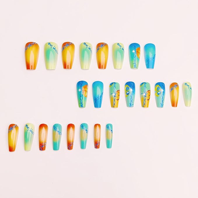 Thanksgiving Press on Nails Coffin Medium False Nails Color Glue on Nails with Butterfly Patterns Blooming Designs Fall Nails Press ons Glossy Artificial Fake Nails for Girls and Women 24Pcs