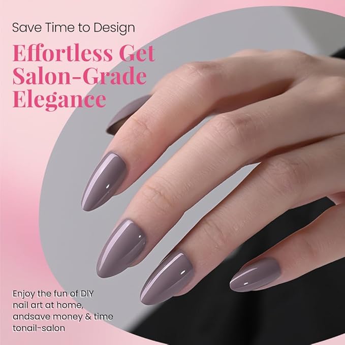 evpct Glossy Press on Nails Short Almond Short for Women, Taupe Grey Fake Nail with Glue Salon Quality Reusable Stick on Nails In 15 Sizes 30Pcs Full Cover False Nail Soft Gel Set Kit for Gift, 17