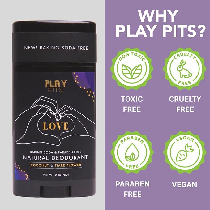 PLAY PITS - 2 Pack - Natural Deodorant - Safe for Men & Women w/Sensitive Skin - Clean, Non-Toxic, & Paraben Free – LOVE Scent - Infused w/Essential Oils – 2.65 Oz.