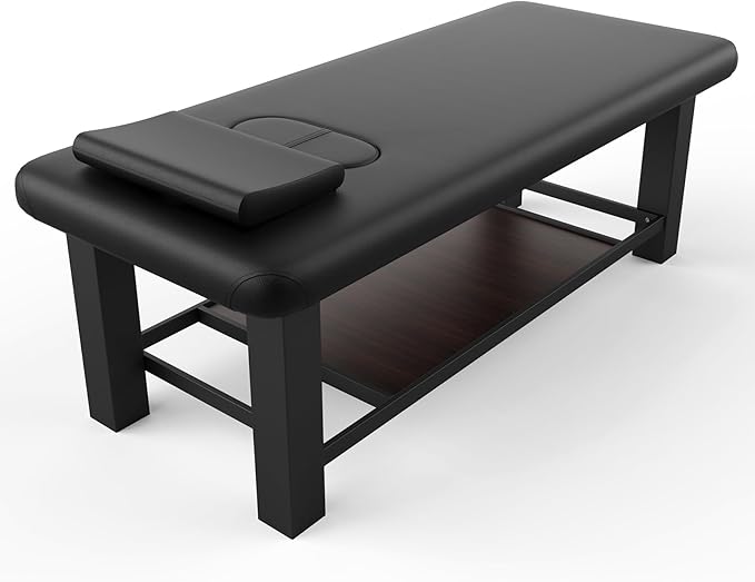 Metal Frame Heavy Duty Stationary Massage Table with Open-Chest & Headrest for Treatment Table, Physical Therapy Table, Spa Facial Professional Massage Bed, Black Leather 31.5'' W x 75.5'' L, 700LBS