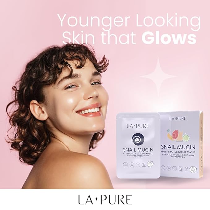 LA PURE Snail Mucin Mask – 10ct Korean Sheet Mask Pack for Signs of Aging, Aid Skin Repair & Hydration – Pure Snail Mask for Face with Collagen & Hyaluronic Acid – Cruelty-Free Hydrating Sheet Mask