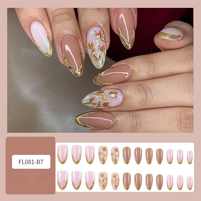 24Pcs Gold French Tip Press on Nails Medium Almond Fake Nails with 3D Flower Design Gilding False Nails Full Cover Artificial Glue on Nails Spring Summer Stick on Nails Glossy Nail Supplies for Women
