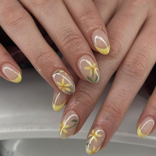 Nude Fake Nails with Yellow French Tip and Hand-Painted Floral Design, Glossy Gel Finish Acrylic Nails Kit for Women, 24 Pcs
