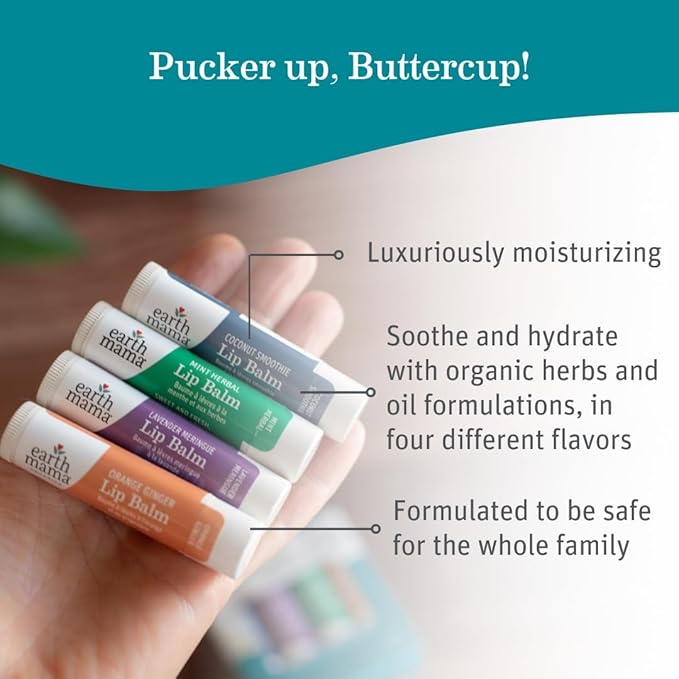 Earth Mama Lip Balm Set | Orange Ginger 4-Pack | Lip Moisturizer with Organic Jojoba Oil for Sensitive Skin