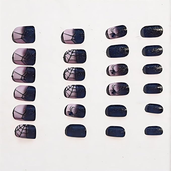 24Pcs Halloween Press on Nails Short Square Fake Nails Spider Press ons Glitter Black Gradient Acrylic Nails Halloween False Nails Spider Web Glue on Nails Spider Nails Holiday Goth Artificial Nails