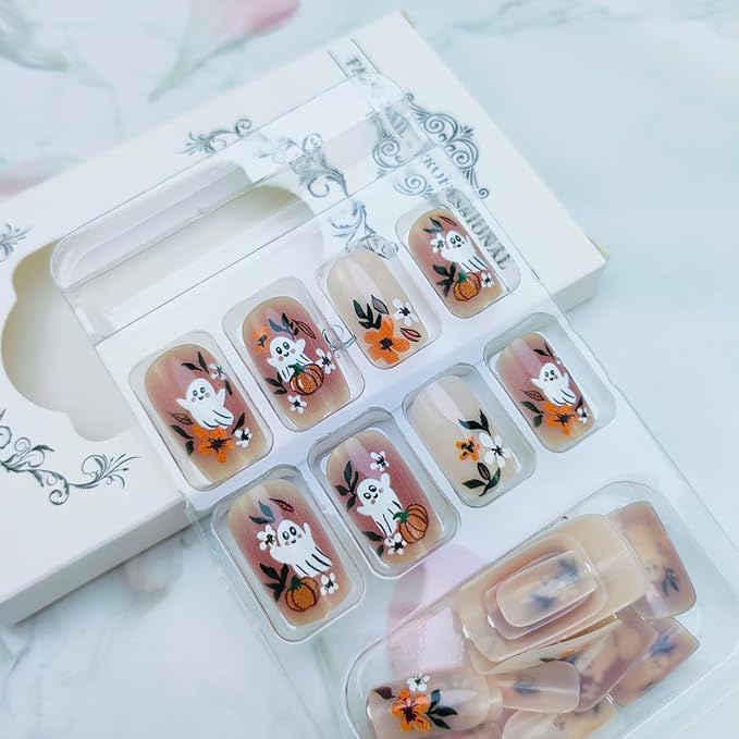 Halloween Ghost Press on Nails Medium Square Fake Nail Cute Ghost Flower Pumpkin Design Glue on Nails Autumn Flowers False Nail Glossy Full Cover Stick on Nails for Women Manicure Supplies 24Pcs