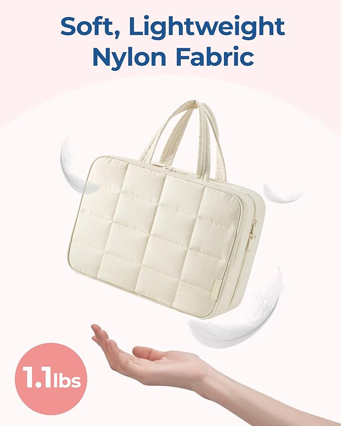 BAGSMART Travel Toiletry Bag with Jewelry Organizer, Hanging Travel Bag for Toiletries, Puffy Makeup Cosmetic Bag Organizer, Carry-on Travel Accessories Essentials, Beige-M