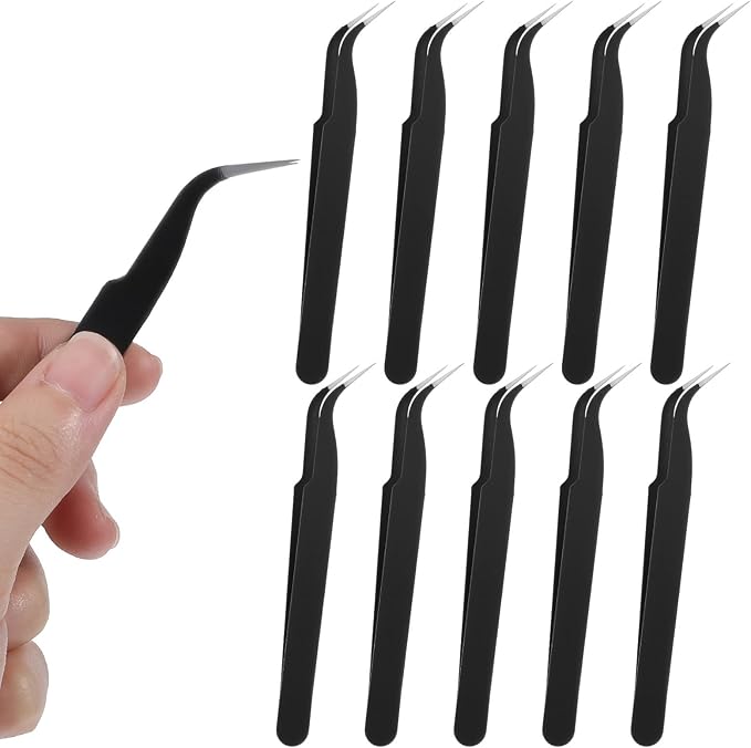 Tweezers for Crafting, 10 Pcs Stainless Steel Curved Craft Tweezers, Black Sticker Tweezer Kit Multipurpose Precision Tweezer for DIY Jewelry Making, Scrapbooking, Eyelash Extension