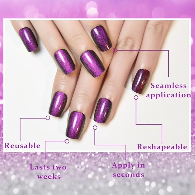 evpct Purple Cat Eye Press on Nails Short Square, Short Square Glue on Fake Nails for Women Gift, Dark Purple Metallic Glitter Glossy Reusable Soft Gel Stick Press on Acrylic False Nail with Designs