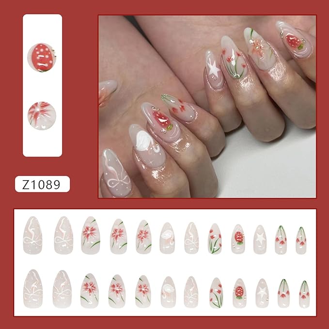 24Pcs Summer Press on Nails Medium Almond Fake Nails with Strawberry Lily Pearl Designs Flower Bow Glue on Nails Full Cover Artificial Nails Cute Stick on Nails for Women Daily Wear