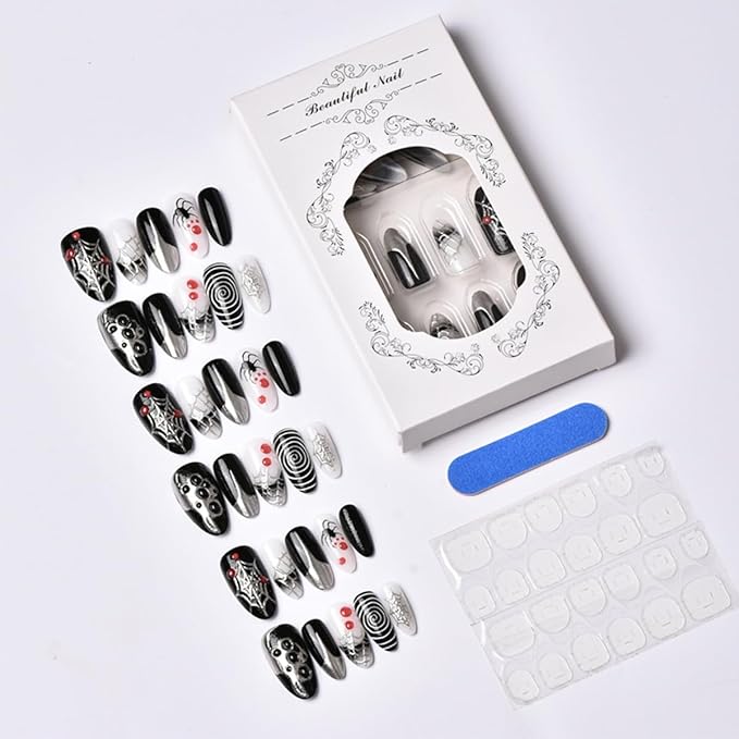30Pcs Goth Halloween Press on Nails Medium Almond French Tip Fake Nails 3D Spider Gems Designs Y2K Black Acrylic Nails Full Cover Artificial Halloween Glue on Nail Holiday False Nail for Women