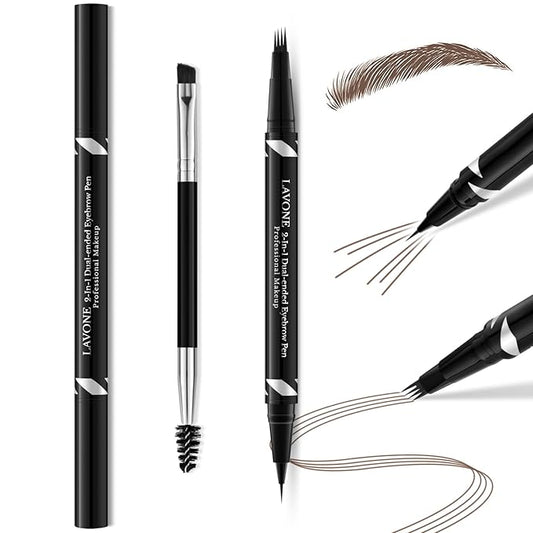 LAVONE Eyebrow Pen,2-IN-1 Dual-ended Waterproof Eyebrow Pencil,with 4 Tip Microblading Eyebrow Pen and Ultra-Precise Brow Pencil,Dual-ended Eyebrow Brush, for Natural Looking-Dark Brown
