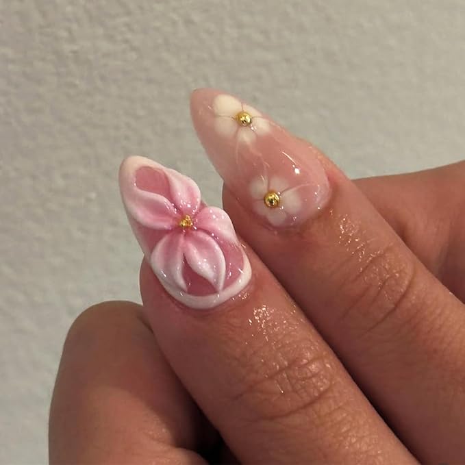 Pink Flower Press on Nails Medium Almond Fake Nails with Designs 3D Floral Gold Pearl Summer False Nails French Tip Glue on Nails Almond Shape Acrylic False Nails Tip Stick on Nails for Women 24Pcs
