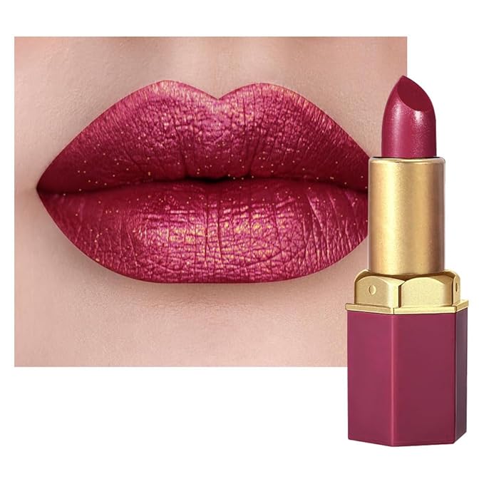 Plum Metallic Lipstick for Women,Lightweight Shimmer Frosted Lipstick,Glitter Lip Gloss Stain Long Lasting Waterproof Smudge Proof 24 Hour Full Coverage Lip Makeup,Vegan