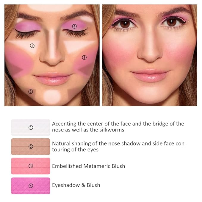 Matte Powder Blush Palette, 4 Colors Face Palette with White Highlighter, Brown Contour, Pink & Rose Pink Blush for Cheeks, Natural Lasting Makeup Palett for Women, Blus and Highlighter Pallet