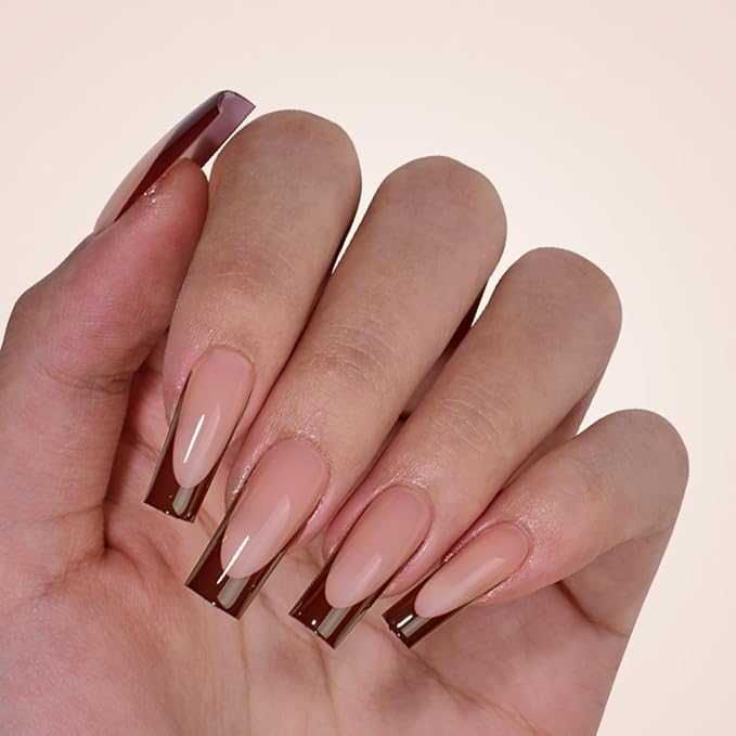 BTArtboxnails XCOATTIPS Fall Press on Nails - French Tip Press on Nails, Long Square Nail Tips False Nails, Skin Tones Soft Gel Nails, Soak Off Acrylic Fake Nails Art Extensions