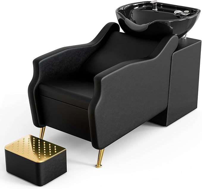 Paddie Shampoo Chair and Bowl for Salon, Backwash Shampoo Station Sink with Ceramic Bowl and Foot Stool, Barbershop Spa Equipment