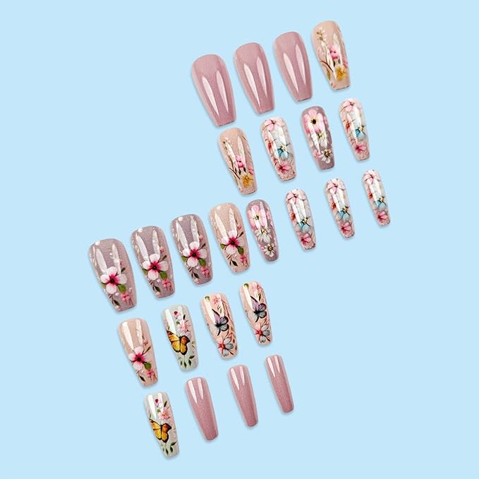 Spring Flower Press on Nails 24Pcs Butterfly Stick on Nails Medium Coffin Acrylic False Nails Glossy Colorful Flowers Fake Nails Rainbow Butterflies Gel Glue on Nails for Coquette Women Girls