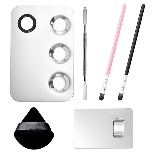 Stainless Steel Cosmetic Palette with Spatula, 3-well Mixing