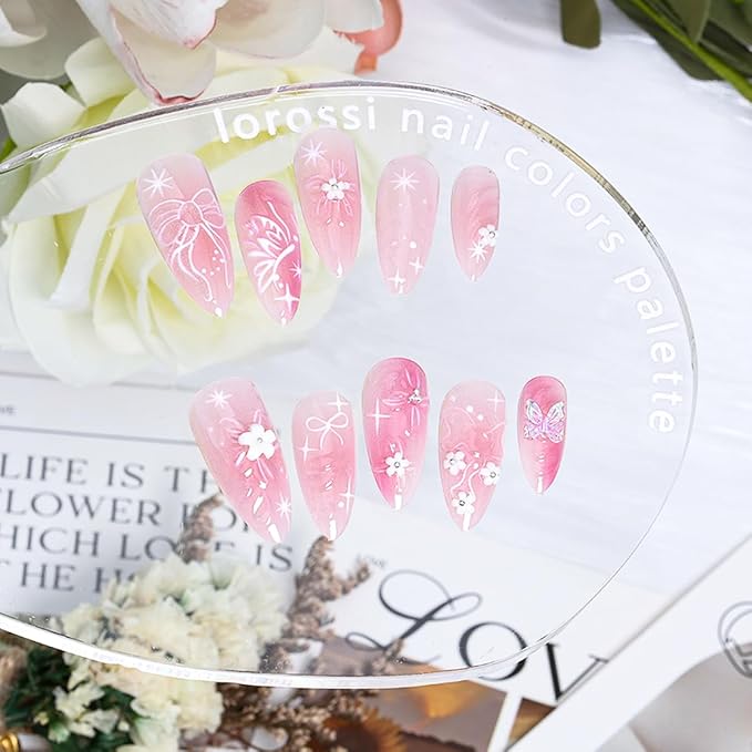 24Pcs Gradient Pink Press on Nails Medium Cute Fake Nails 3D Flower Acrylic Nails Butterfly Bow Artificial Glue on Nails Glossy Pink False Nails Water Ripple Design Almond Stick on Nails for Women