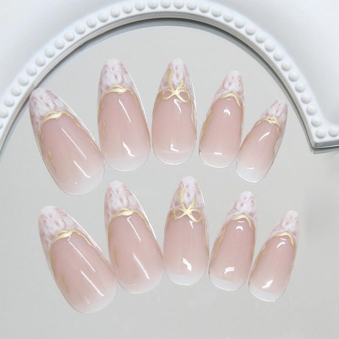 White French Tip Press on Nails Short Almond Fake Nails 3D Gold Chrome Bow Designs Glossy French False Nails Full Cover Acrylic Stick on Nails Artificial Glue on Nails for Women 24 Pcs